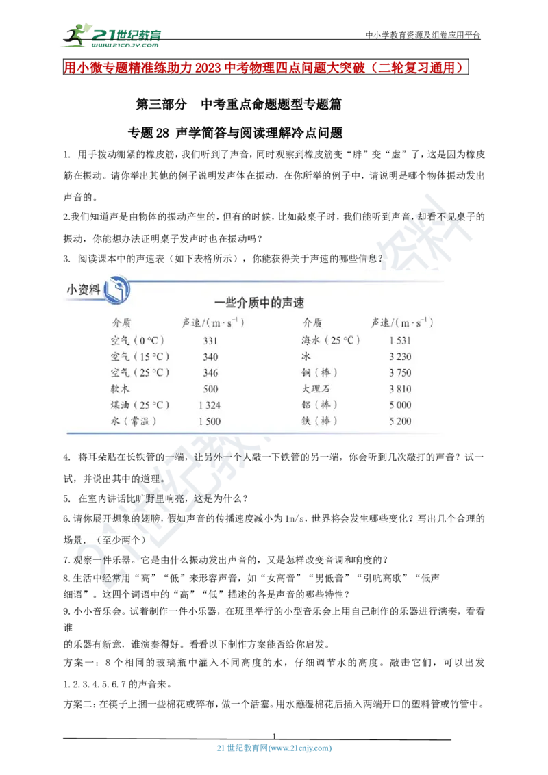 专题28声学简答与阅读理解冷点问题（原卷版）_8、物理总复习_8.中考物理总复习_2023年中考复习资料_专项复习_2023年用小微专题精准练助力中考物理四点问题大突破