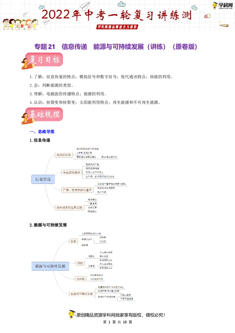 专题21信息传递能源与可持续发展（讲练）（原卷版）-2022年中考一轮复习讲练测_8、物理总复习_8.中考物理总复习_2022年中考复习资料_2022年中考物理一轮复习讲练测264201163