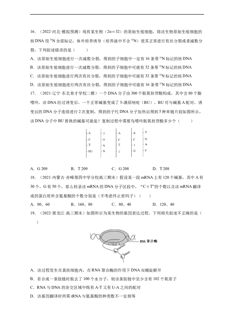 专题09遗传的分子基础（测试卷）-2023年高考生物二轮复习讲练测（全国通用）（原卷版）_通用版（老高考）复习资料_2023年复习资料_二轮复习_2023年高考生物二轮复习讲练测（全国通用）