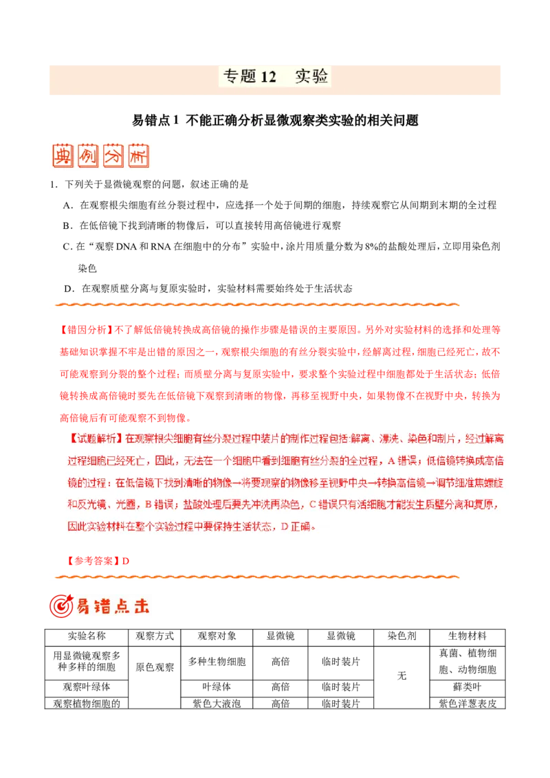 专题12实验-备战2019年高考生物之纠错笔记系列（解析版）_新高考复习资料_2022年新高考复习资料_2022年一轮复习最新版_1.2022年高考生物一轮复习全国通用版