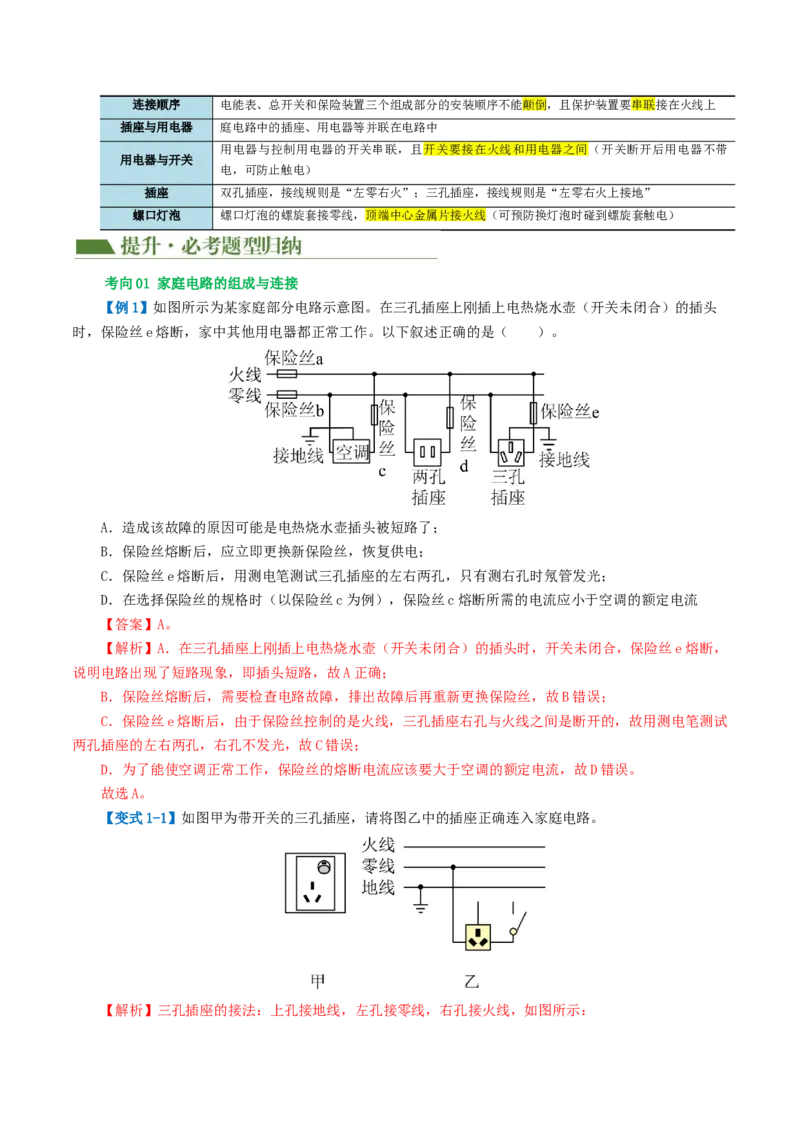 专题19生活用电（3考点+6考向）（讲义）（解析版）_8、物理总复习_8.中考物理总复习_2024年中考复习资料_一轮复习资料_完2024年中考物理一轮复习课件+讲义+练习（全国通用）