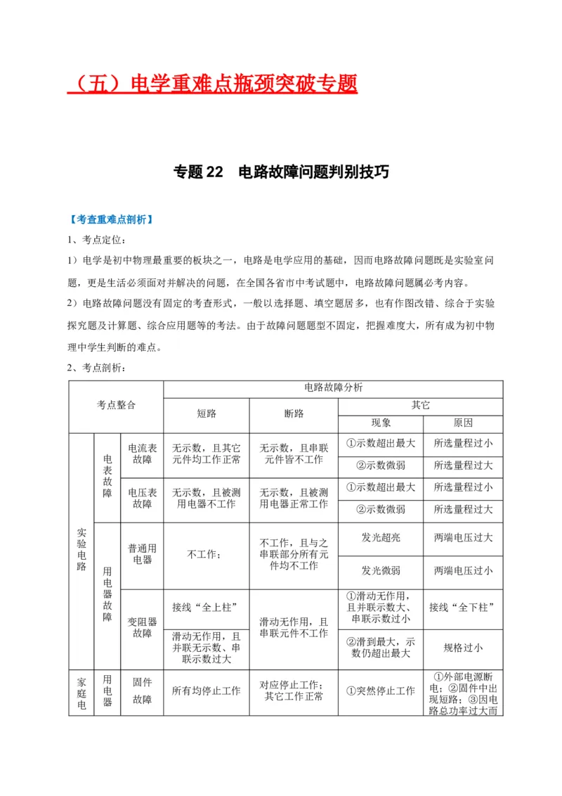 专题22电路故障问题判别技巧_8、物理总复习_8.中考物理总复习_2023年中考复习资料_专项复习_2023年中考物理重难点瓶颈突破（难点剖析+真题汇编+原创预测）（全国通用）