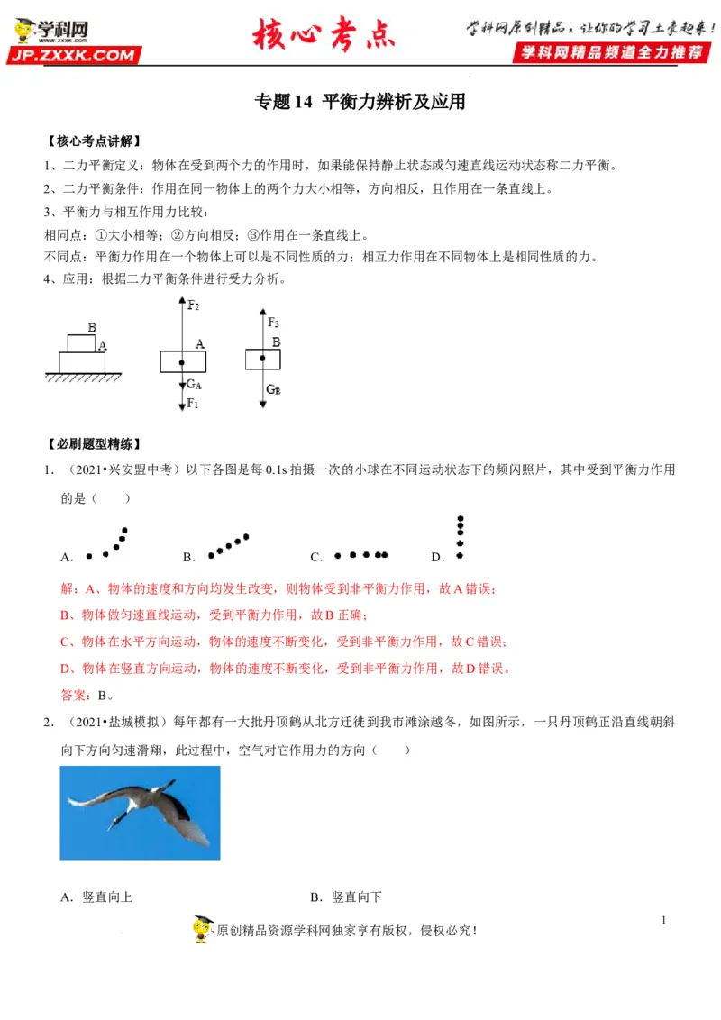 专题14平衡力辨析及应用（解析版）-2022年中考物理二轮专项复习核心考点突破与必刷题型汇编（全国通用）_8、物理总复习_8.中考物理总复习_2022年中考复习资料