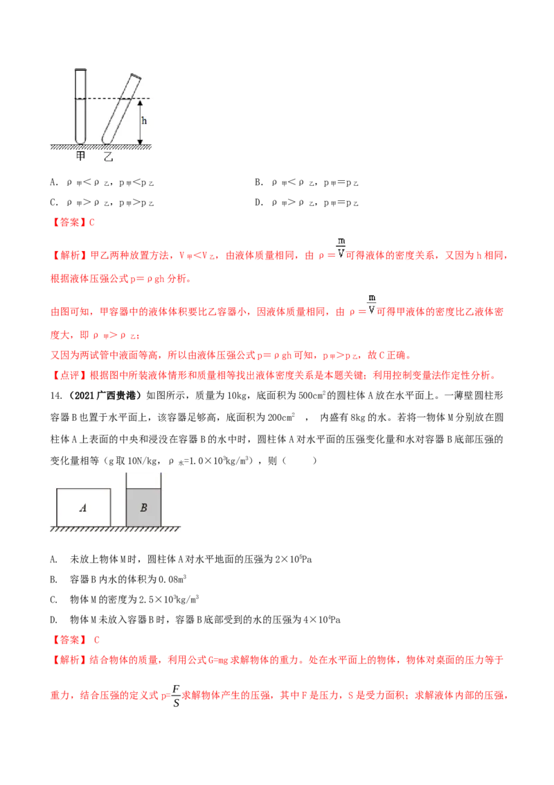 专题27压强单元核心素养考试达标试卷（解析版）_8、物理总复习_8.中考物理总复习_2023年中考复习资料_一轮复习_讲义+练习2023届中考物理一轮单元复习讲练考（全国通用）