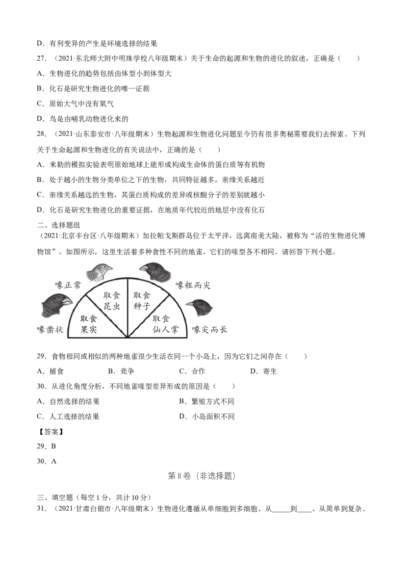 03生命起源和生物进化B卷（原卷版）_初中全科电子版试卷练习试题_生物_生物8下练习_人教生物8年级下单元试卷38份_第3套八年级生物下册单元试卷（人教版）06份