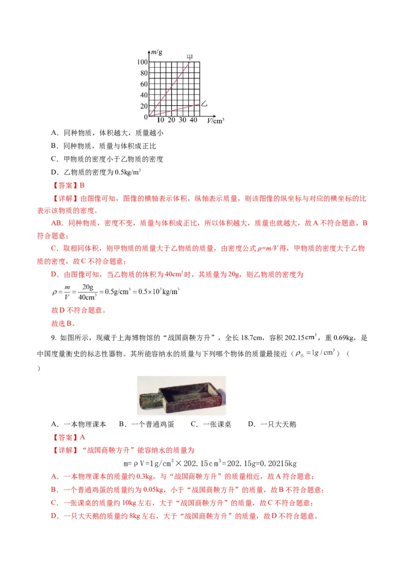 第六章质量与密度（单元测试）解析版_初物_八年级上下册+九年级全一册物理_八年级物理上册_单元测试（完）