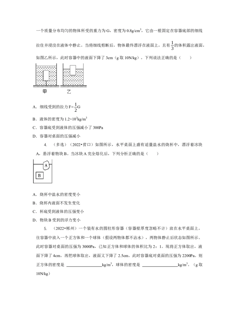 专题9浮力应用：几种液面变化问题（原卷版）_8、物理总复习_2024年中考复习资料_二轮复习_2024年中考物理二轮专项复习核心考点讲解与必刷题型汇编