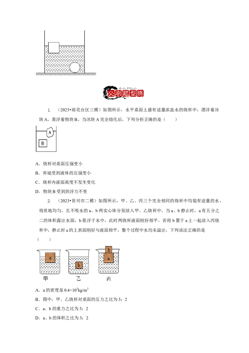 专题9浮力应用：几种液面变化问题（原卷版）_8、物理总复习_2024年中考复习资料_二轮复习_2024年中考物理二轮专项复习核心考点讲解与必刷题型汇编