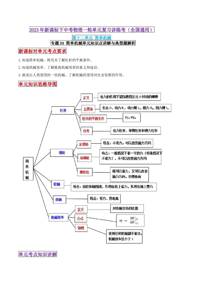 专题34简单机械单元知识点讲解与典型题解析（解析版）_8、物理总复习_8.中考物理总复习_2023年中考复习资料_一轮复习_讲义+练习2023届中考物理一轮单元复习讲练考（全国通用）