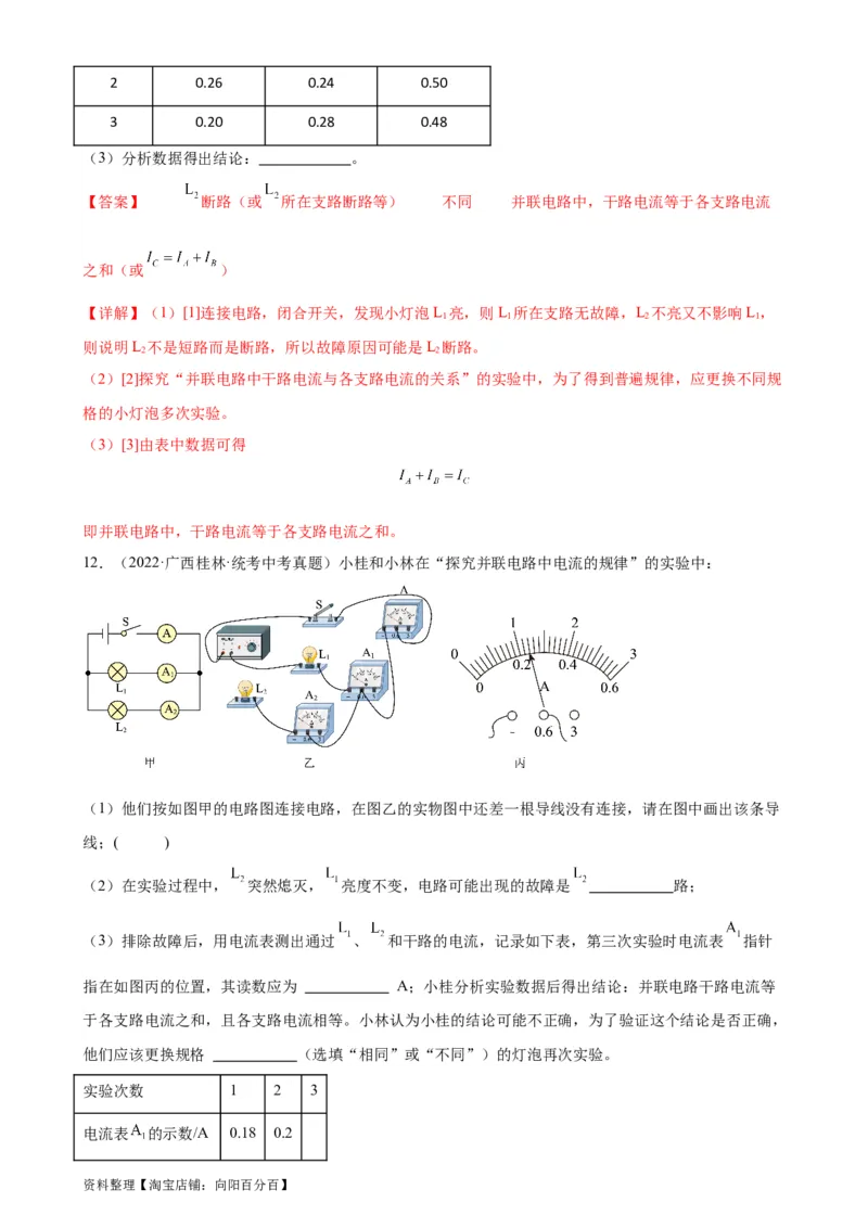专题15电流和电路15.5串并联电路中电流的规律（教师版）_8、物理总复习_2024年中考复习资料_专项复习资料_完三年（2021&mdash;2023）中考真题分项精编（全国通用）