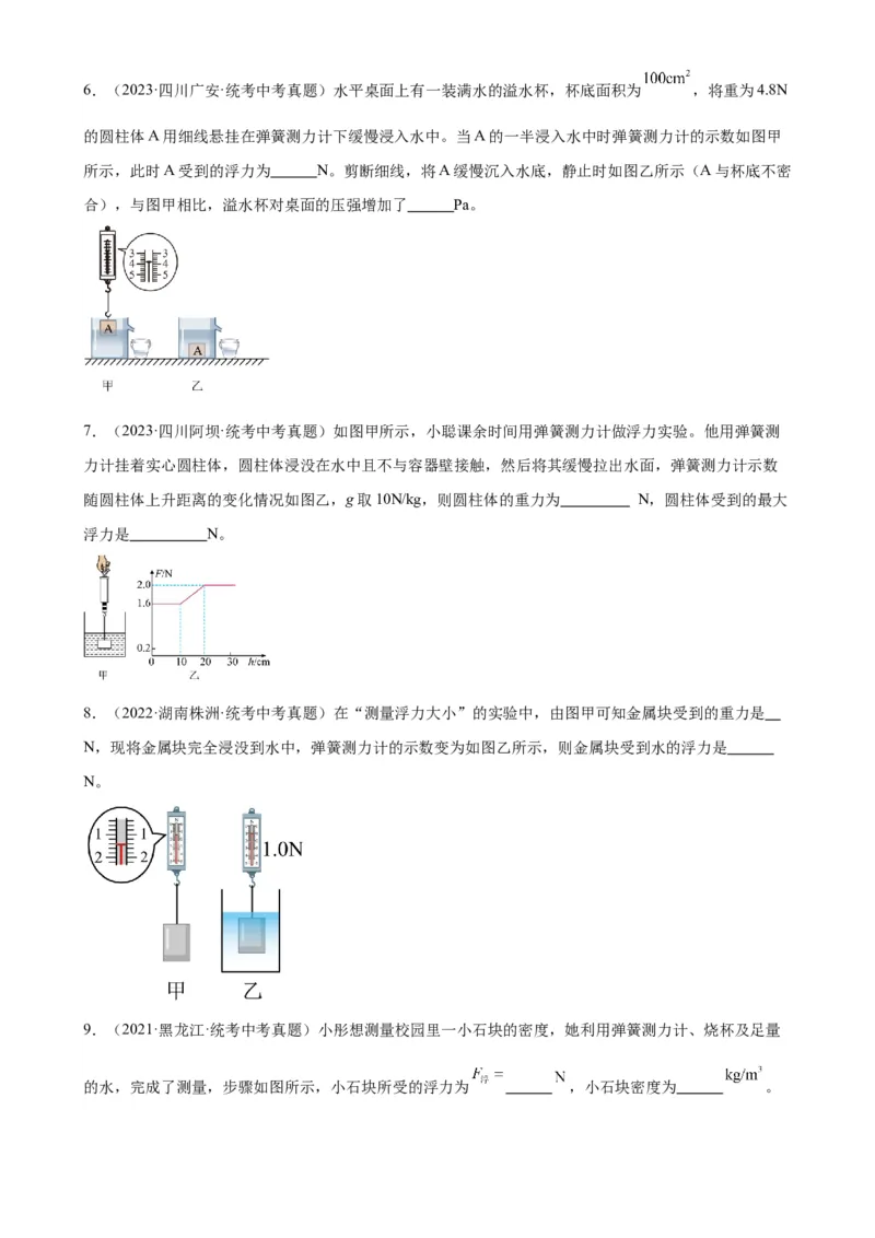 专题10浮力10.1浮力（学生版）_8、物理总复习_2024年中考复习资料_专项复习资料_完三年（2021&mdash;2023）中考真题分项精编（全国通用）