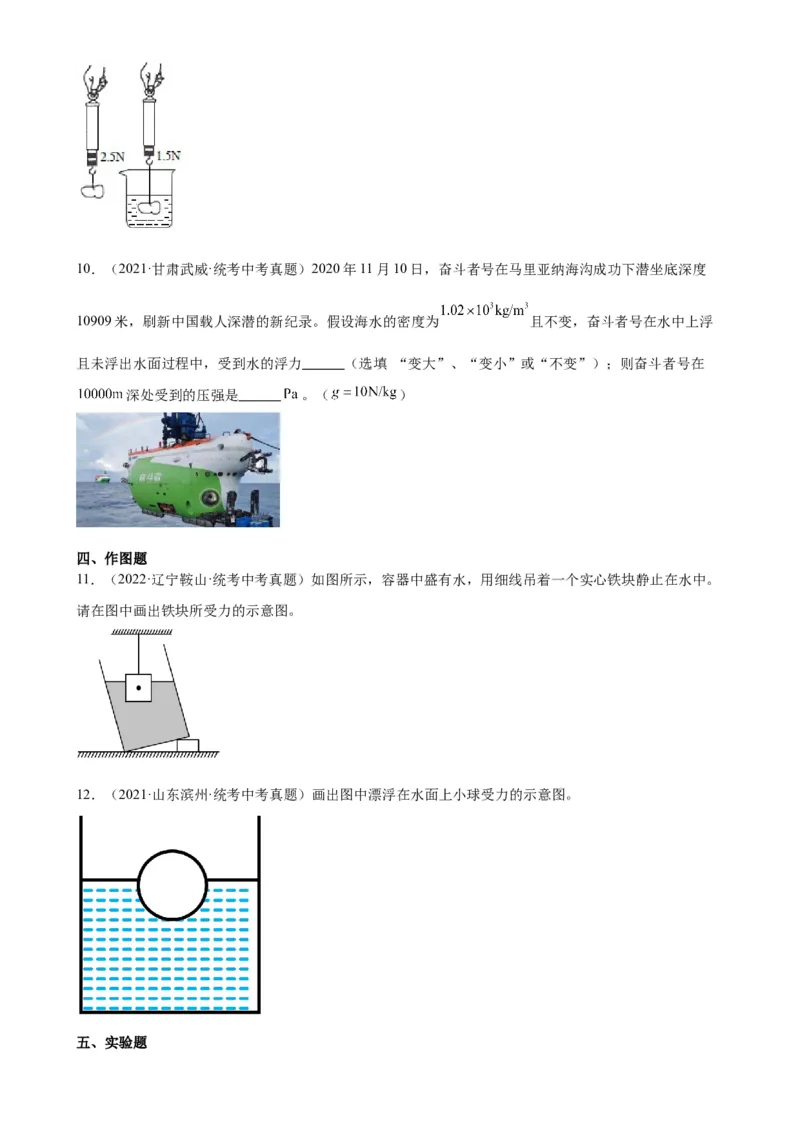 专题10浮力10.1浮力（学生版）_8、物理总复习_2024年中考复习资料_专项复习资料_完三年（2021&mdash;2023）中考真题分项精编（全国通用）