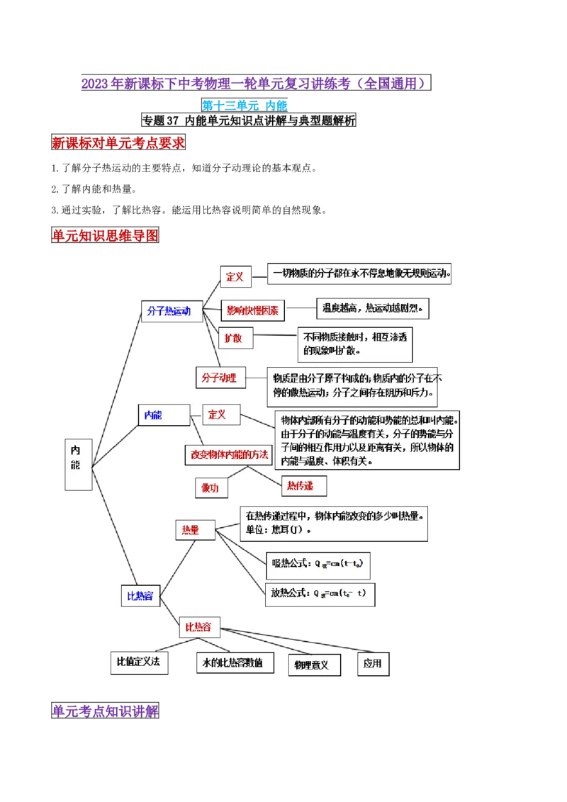 专题37内能单元知识点讲解与典型题解析（解析版）_8、物理总复习_8.中考物理总复习_2023年中考复习资料_一轮复习_讲义+练习2023届中考物理一轮单元复习讲练考（全国通用）