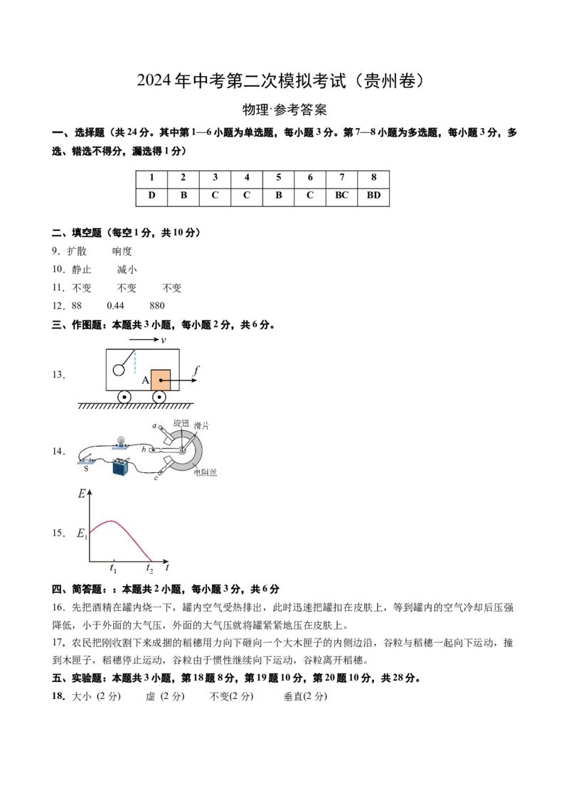 物理（贵州卷）（参考答案及评分标准）_8、物理总复习_2024中考模拟题物理_二模_物理（贵州新中考卷）-：2024年中考第二次模拟考试_物理（贵州卷）-学易金卷：2024年中考第二次模拟考试