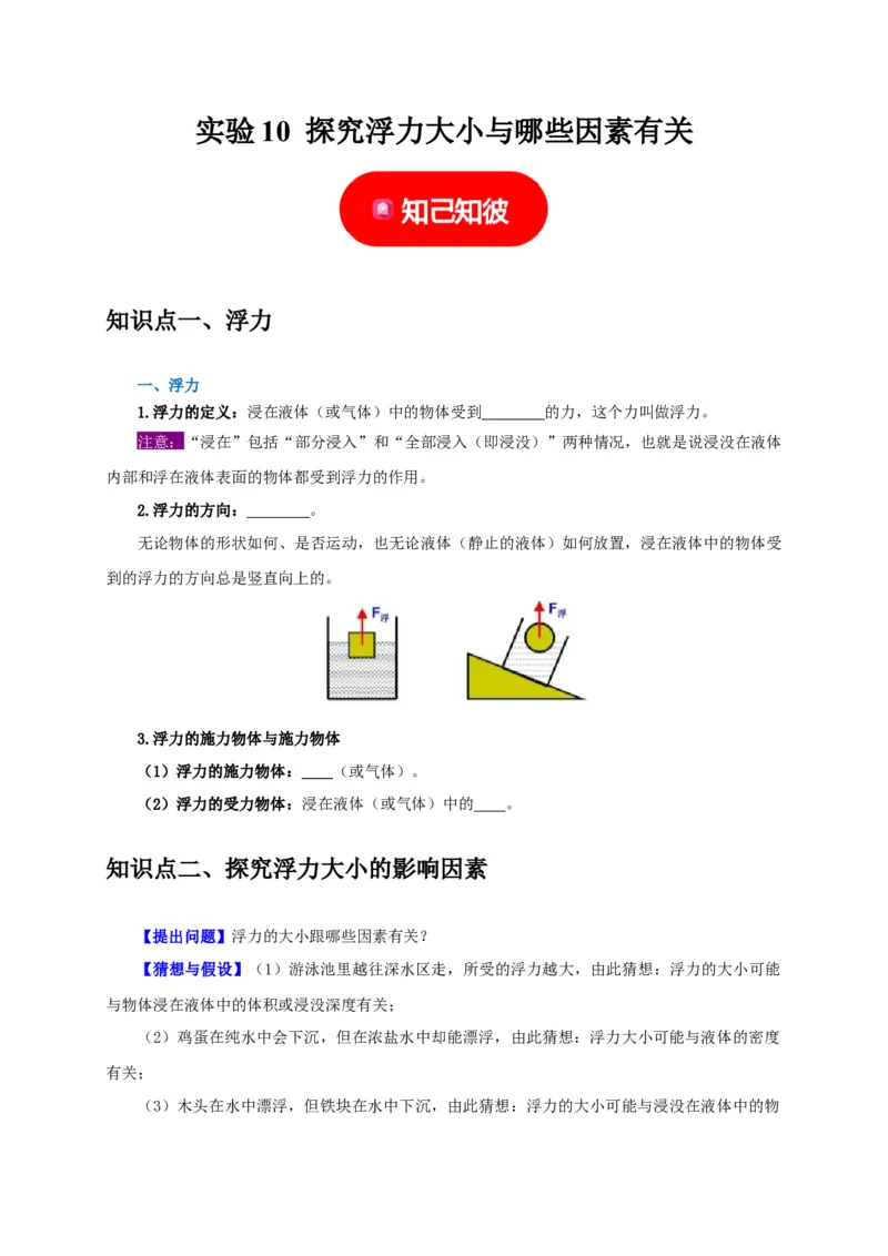 实验10探究浮力大小与哪些因素有关（原卷版）_8、物理总复习_2024年中考复习资料_二轮复习_（讲义+练习）2024年中考物理二轮题型专项复习