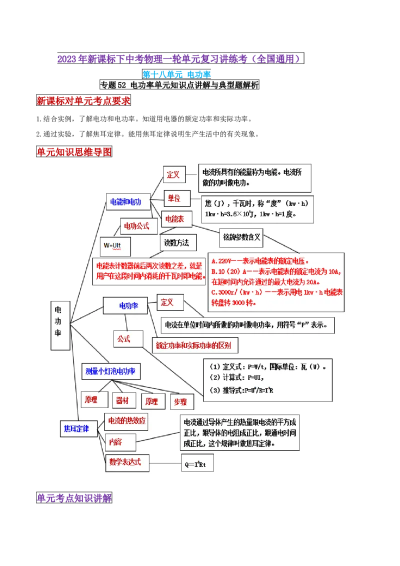 专题52电功率单元知识点讲解与典型题解析（原卷版）_8、物理总复习_8.中考物理总复习_2023年中考复习资料_一轮复习_讲义+练习2023届中考物理一轮单元复习讲练考（全国通用）