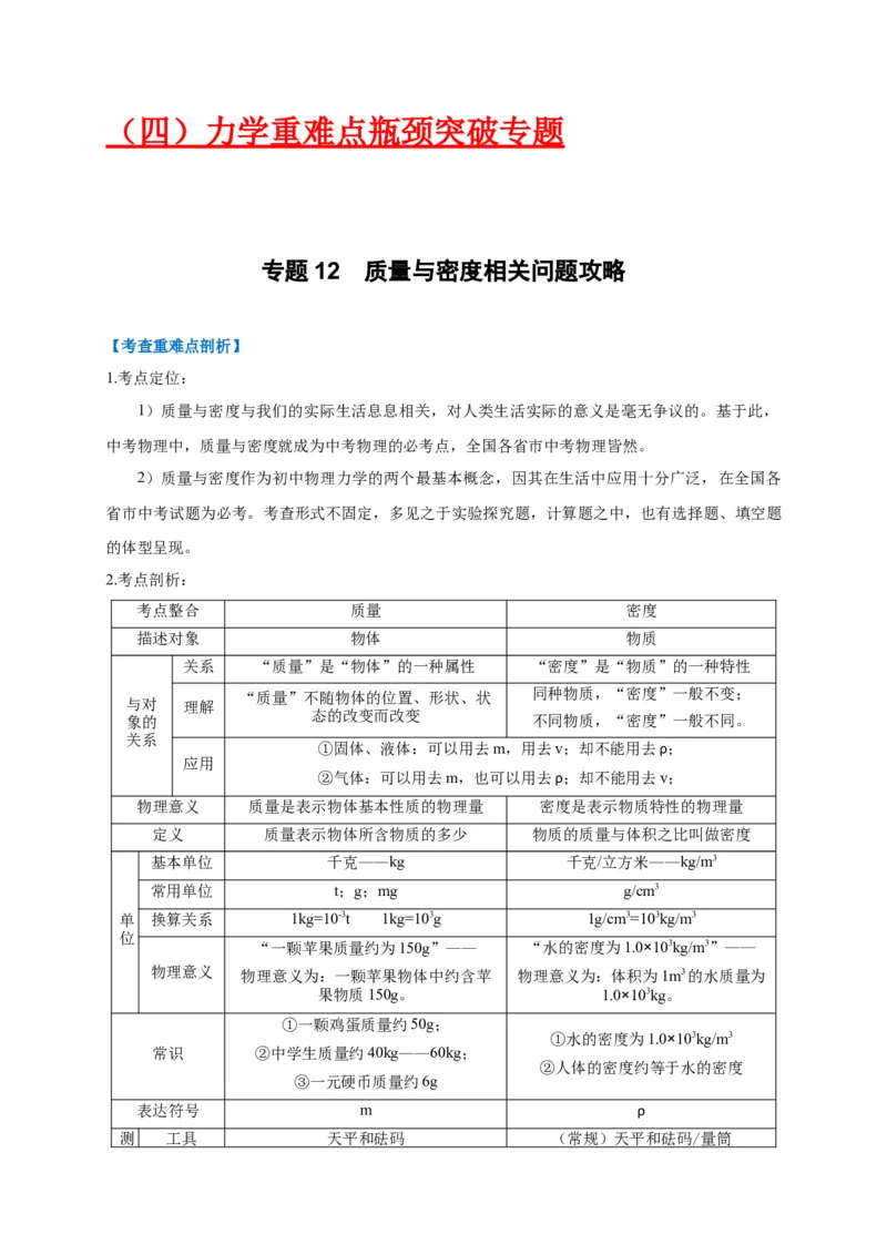 专题12质量与密度相关问题攻略_8、物理总复习_8.中考物理总复习_2023年中考复习资料_专项复习_2023年中考物理重难点瓶颈突破（难点剖析+真题汇编+原创预测）（全国通用）