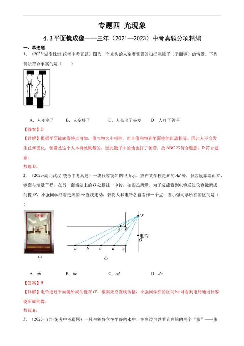 专题4光现象4.3平面镜成像（教师版）_8、物理总复习_8.中考物理总复习_2024年中考复习资料_专项复习资料_完三年（2021&mdash;2023）中考真题分项精编（全国通用）
