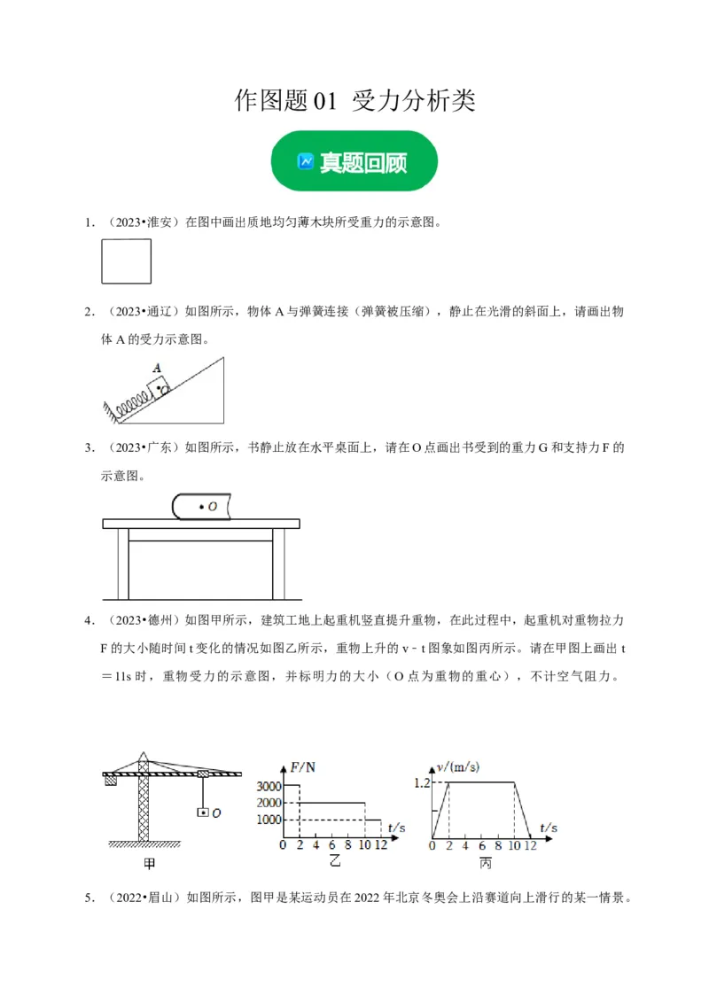 作图题01受力分析类（原卷版）_8、物理总复习_2024年中考复习资料_二轮复习_（讲义+练习）2024年中考物理二轮题型专项复习