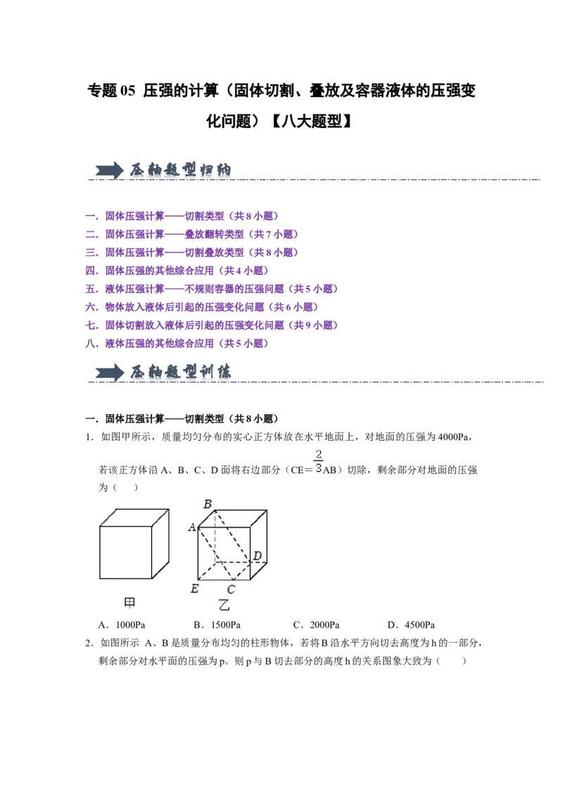 专题05压强的计算（固体切割、叠放及容器液体的压强变化问题）八大题型（原卷版）_初物_八年级上下册+九年级全一册物理_八年级物理下册_压轴题训练（更新中）-U172