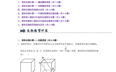 专题05压强的计算（固体切割、叠放及容器液体的压强变化问题）八大题型（原卷版）_初物_八年级上下册+九年级全一册物理_八年级物理下册_压轴题训练（更新中）-U172