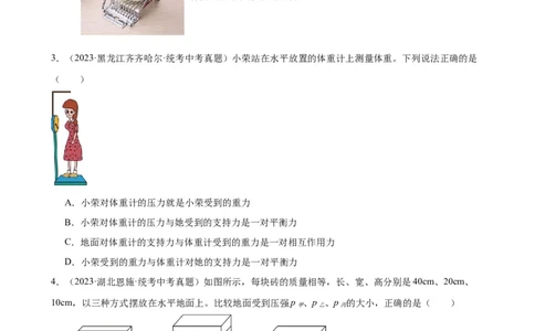 专题9压强9.1压强（学生版）_8、物理总复习_2024年中考复习资料_专项复习资料_完三年（2021&mdash;2023）中考真题分项精编（全国通用）