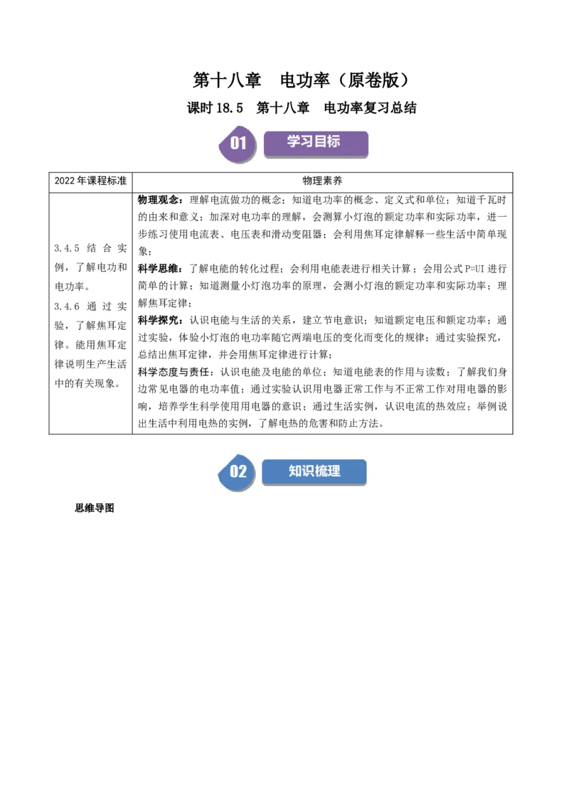课时18.5第十八章电功率复习总结（学生版）_初物_八年级上下册+九年级全一册物理_九年级物理全一册_讲义_2025版
