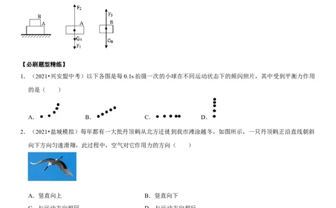 专题14平衡力辨析及应用（原卷版）-2022年中考物理二轮专项复习核心考点突破与必刷题型汇编（全国通用）_8、物理总复习_8.中考物理总复习_2022年中考复习资料