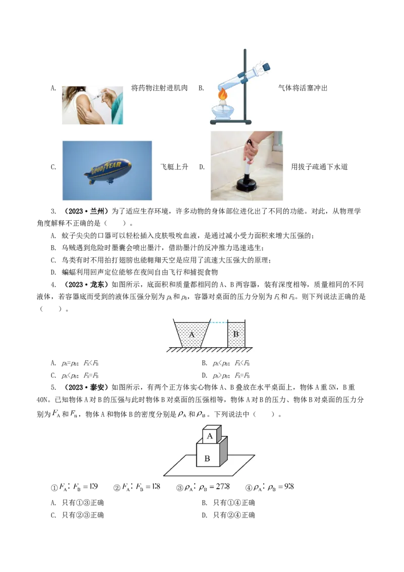 专题10压强（8题型）（练习）（原卷版）_8、物理总复习_8.中考物理总复习_2024年中考复习资料_一轮复习资料_完2024年中考物理一轮复习课件+讲义+练习（全国通用）