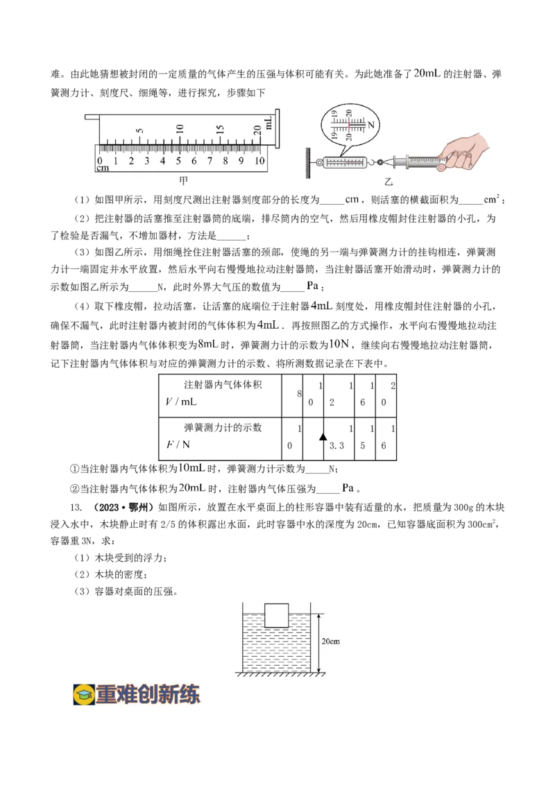 专题10压强（8题型）（练习）（原卷版）_8、物理总复习_8.中考物理总复习_2024年中考复习资料_一轮复习资料_完2024年中考物理一轮复习课件+讲义+练习（全国通用）