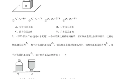 专题9压强《压强》章末综合训练（学生版）_8、物理总复习_2024年中考复习资料_专项复习资料_完三年（2021&mdash;2023）中考真题分项精编（全国通用）