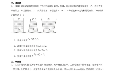 专题9压强《压强》章末综合训练（学生版）_8、物理总复习_2024年中考复习资料_专项复习资料_完三年（2021&mdash;2023）中考真题分项精编（全国通用）