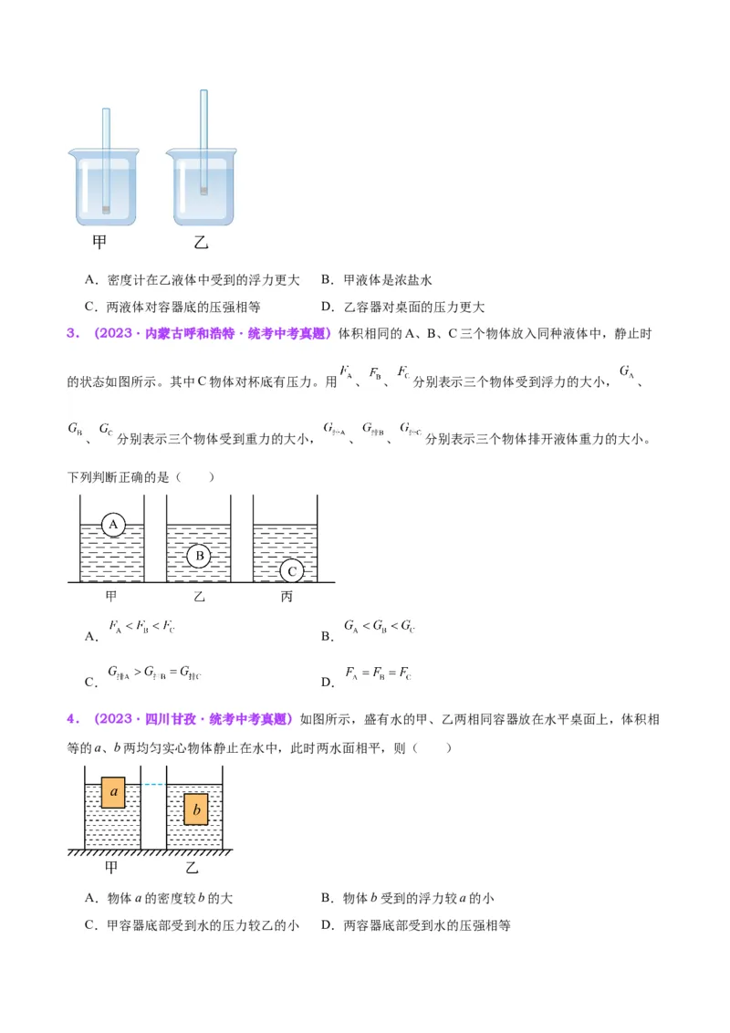 专题15物体沉浮条件及其应用（原卷版）_8、物理总复习_2024年中考复习资料_一轮复习_完备战2024年中考物理一轮复习考点帮（全国通用）