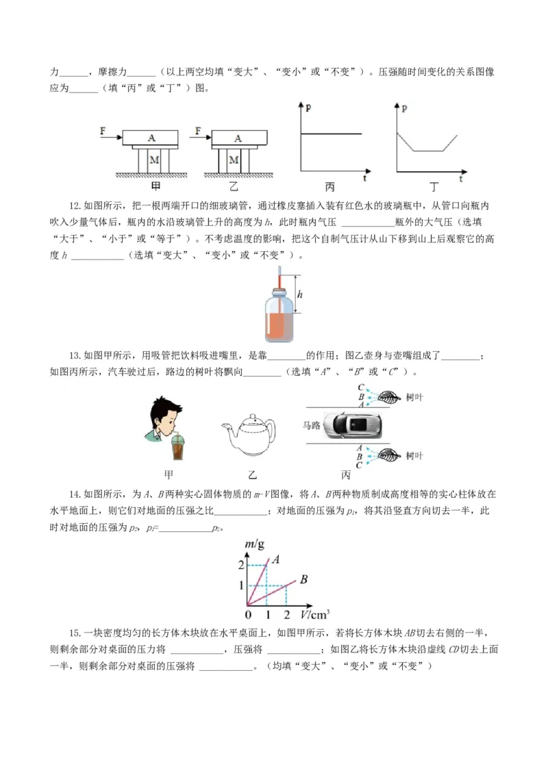 专题10压强（测试）（原卷版）_8、物理总复习_2024年中考复习资料_一轮复习_课件+讲义+练习2024年中考物理一轮复习讲练测（全国通用）_配套练习（原卷版+解析版）