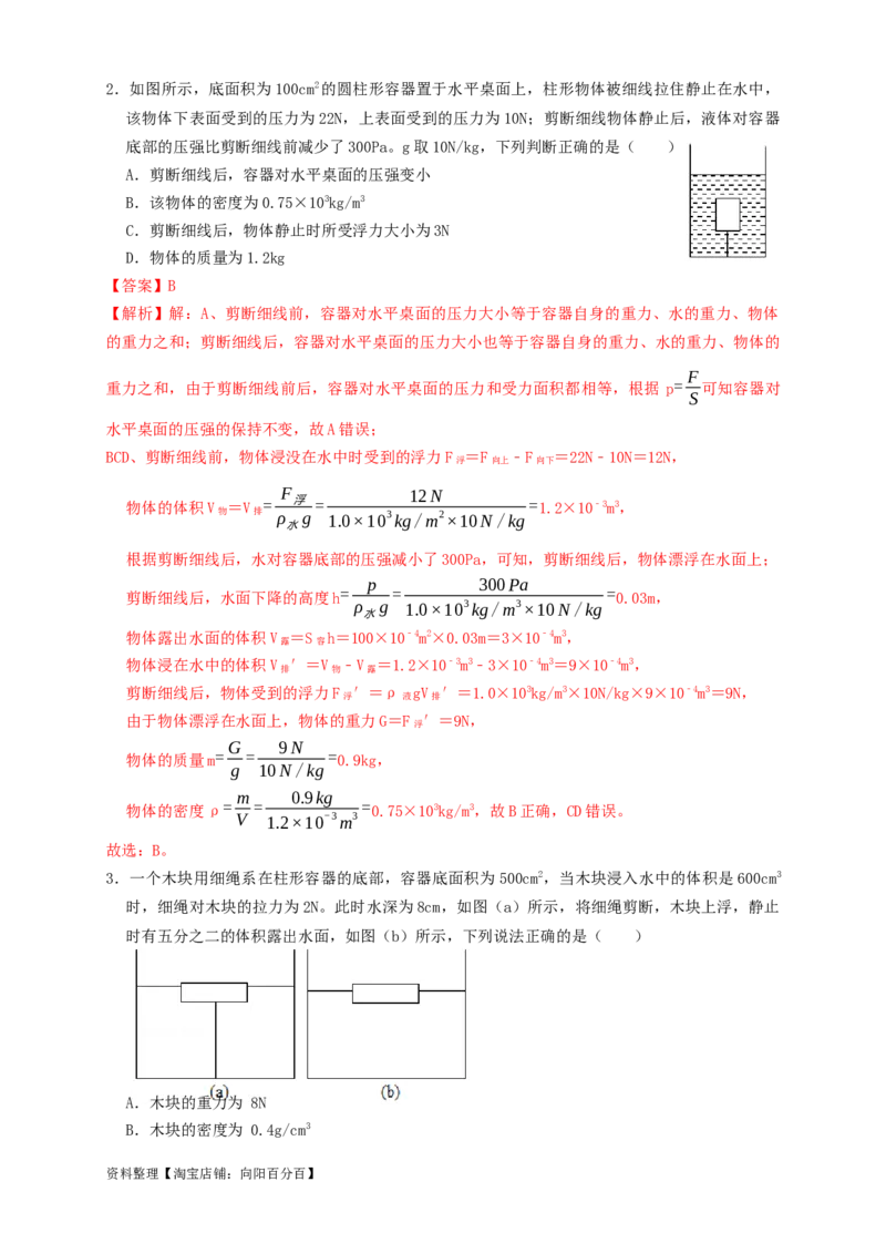 专题22浮力与压强的综合（知识点复习+例题讲解+过关练习）-备战2023年中考物理一轮复习考点帮（解析版）_8、物理总复习_8.中考物理总复习_2023年中考复习资料_一轮复习_解析版