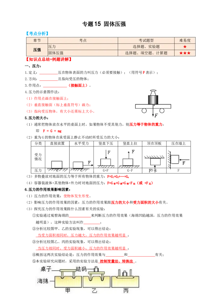 专题15固体压强（知识点复习+例题讲解+过关练习）-备战2023年中考物理一轮复习考点帮（原卷版）_8、物理总复习_8.中考物理总复习_2023年中考复习资料_一轮复习