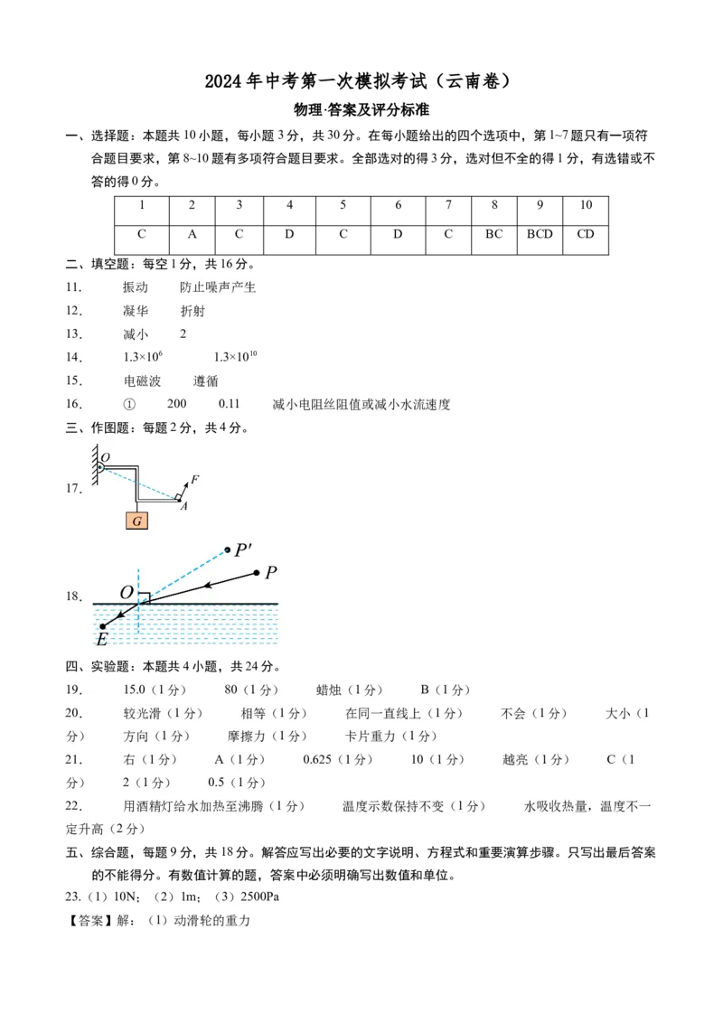 物理（云南卷）（答案及评分标准）_8、物理总复习_2024中考模拟题物理_一模_物理（云南卷）-2024年中考第一次模拟考试_物理（云南卷）-2024年中考第一次模拟考试