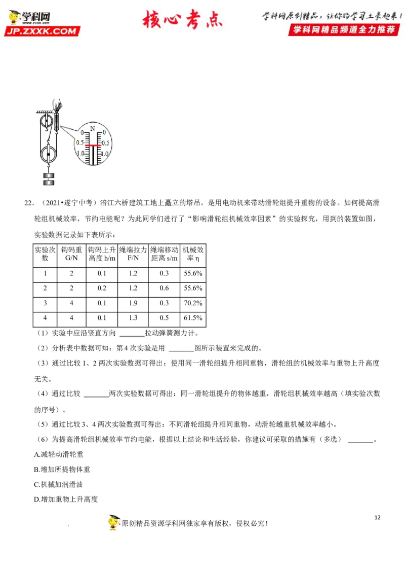 专题25滑轮及其工作特点（原卷版）-2022年中考物理二轮专项复习核心考点突破与必刷题型汇编（全国通用）_8、物理总复习_8.中考物理总复习_2022年中考复习资料
