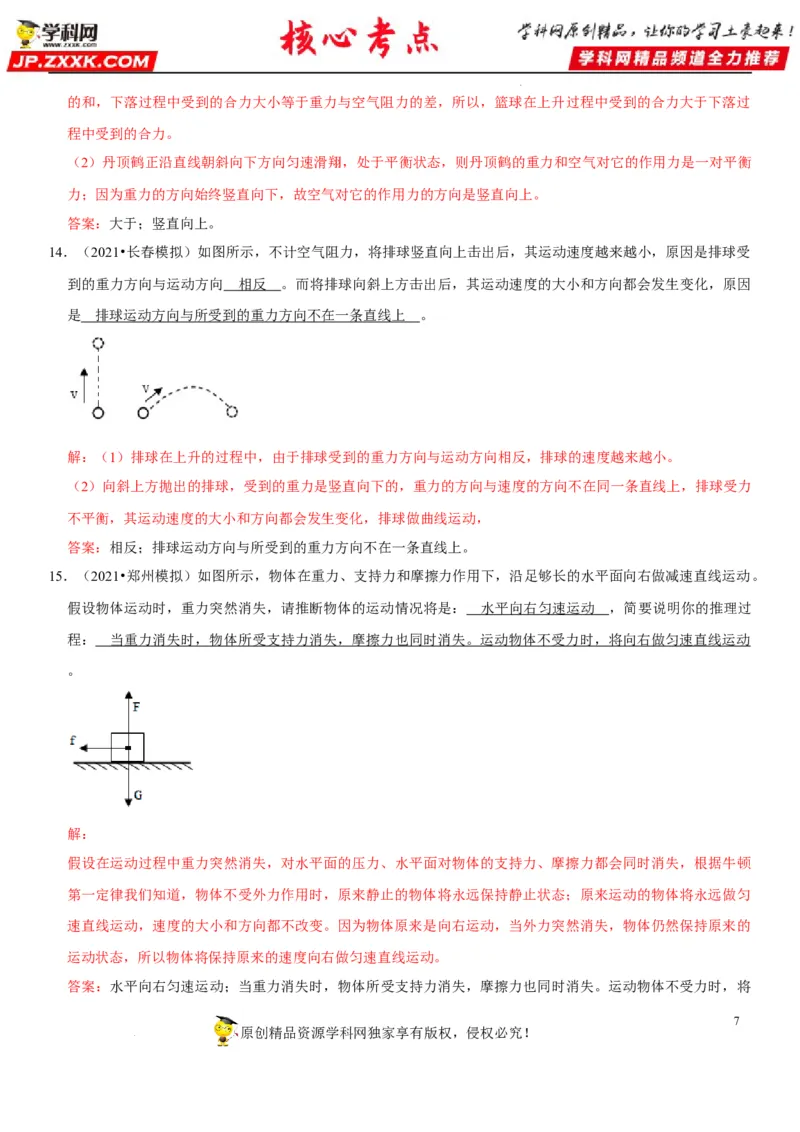 专题13力与运动的关系（解析版）-2022年中考物理二轮专项复习核心考点突破与必刷题型汇编（全国通用）_8、物理总复习_8.中考物理总复习_2022年中考复习资料