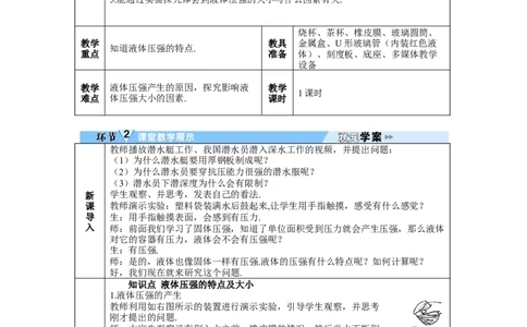 第1课时液体压强的特点及大小_初物_八年级上下册+九年级全一册物理_八年级物理下册_全套教学资源_课件教案教学反思_教案_第九章压强_第2节液体的压强