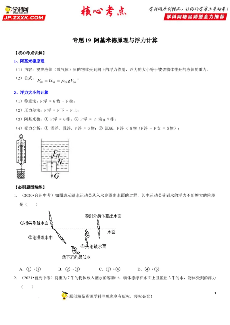 专题19阿基米德原理与浮力计算（原卷版）-2022年中考物理二轮专项复习核心考点突破与必刷题型汇编（全国通用）_8、物理总复习_8.中考物理总复习_2022年中考复习资料