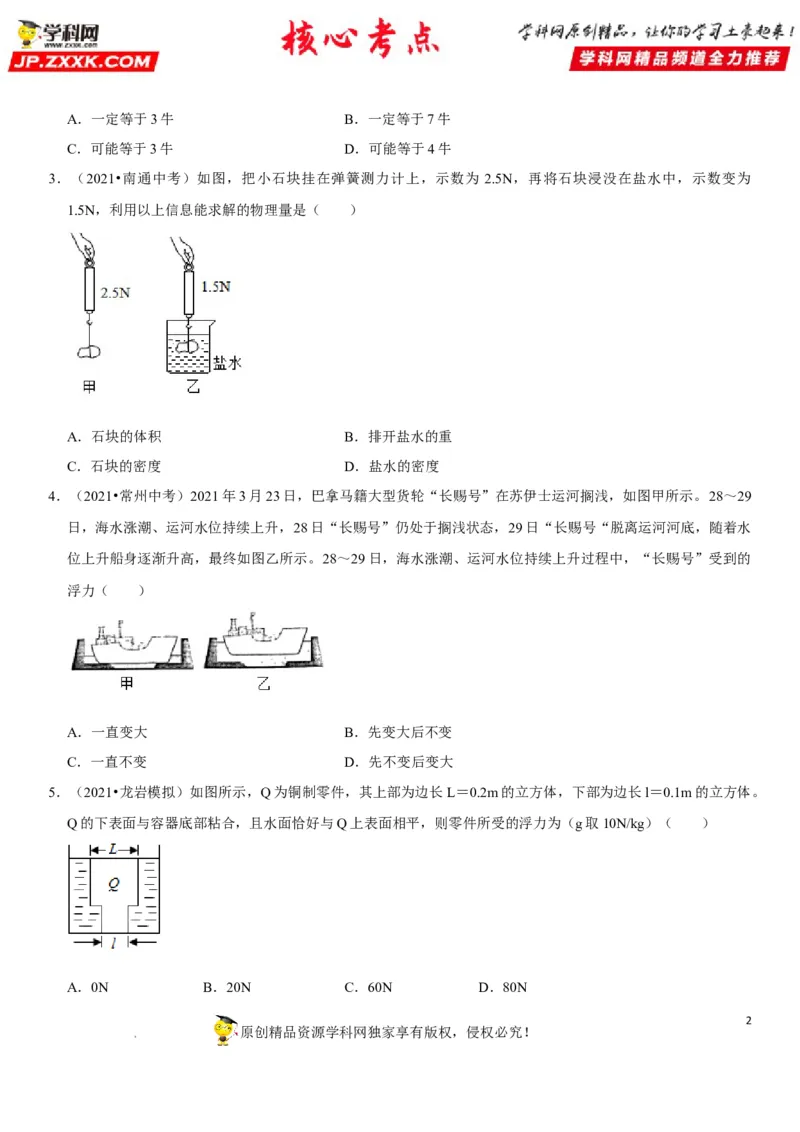 专题19阿基米德原理与浮力计算（原卷版）-2022年中考物理二轮专项复习核心考点突破与必刷题型汇编（全国通用）_8、物理总复习_8.中考物理总复习_2022年中考复习资料