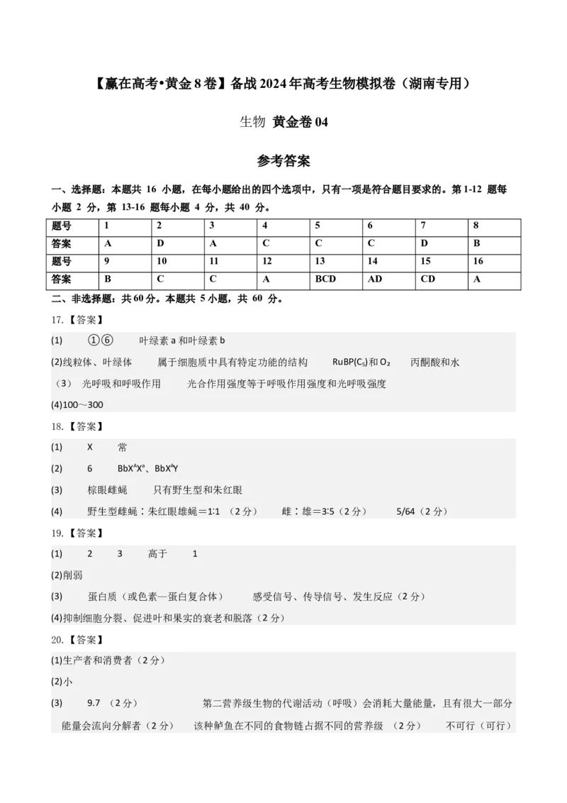 黄金卷04（参考答案）_2024年新高考资料_4.2024高考模拟预测试卷_赢在高考&middot;黄金8卷备战2024年高考生物模拟卷（湖南专用）31263208