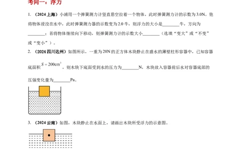 模块一专题10浮力及其应用（原卷版)_8、物理总复习_2025年中考复习资料_（2025中考全国通用）2024年中考物理真题分类汇编_模块一专题10浮力及其应用（原卷版+解析版