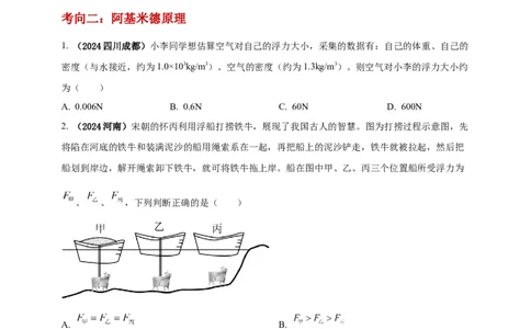 模块一专题10浮力及其应用（原卷版)_8、物理总复习_2025年中考复习资料_（2025中考全国通用）2024年中考物理真题分类汇编_模块一专题10浮力及其应用（原卷版+解析版
