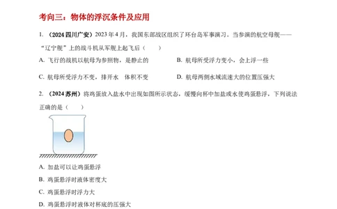 模块一专题10浮力及其应用（原卷版)_8、物理总复习_2025年中考复习资料_（2025中考全国通用）2024年中考物理真题分类汇编_模块一专题10浮力及其应用（原卷版+解析版