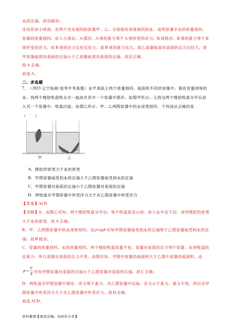 浮力和压强综合专项训练（教师版）_8、物理总复习_2024年中考复习资料_专项复习资料_完三年（2021&mdash;2023）中考真题分项精编（全国通用）_专项训练+章末综合检测（学生版+教师版）