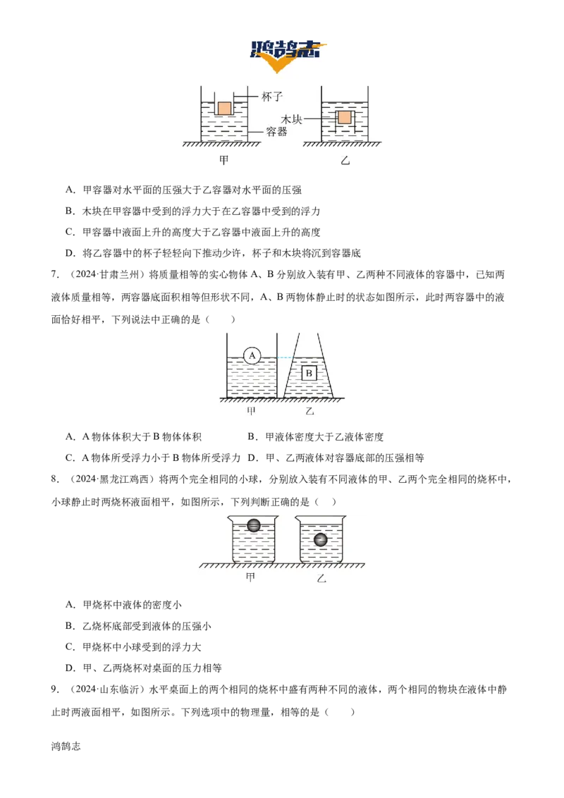 专题11浮力（4大模块知识清单+4个易混易错+7种方法技巧+典例真题精析）（原卷版）_8、物理总复习_物理一轮复习