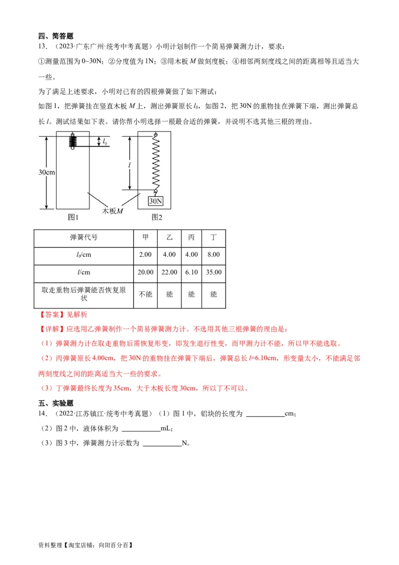 专题7力7.2弹力（教师版）_8、物理总复习_2024年中考复习资料_专项复习资料_完三年（2021&mdash;2023）中考真题分项精编（全国通用）_教师版（含答案解析，目录与学生版一致）