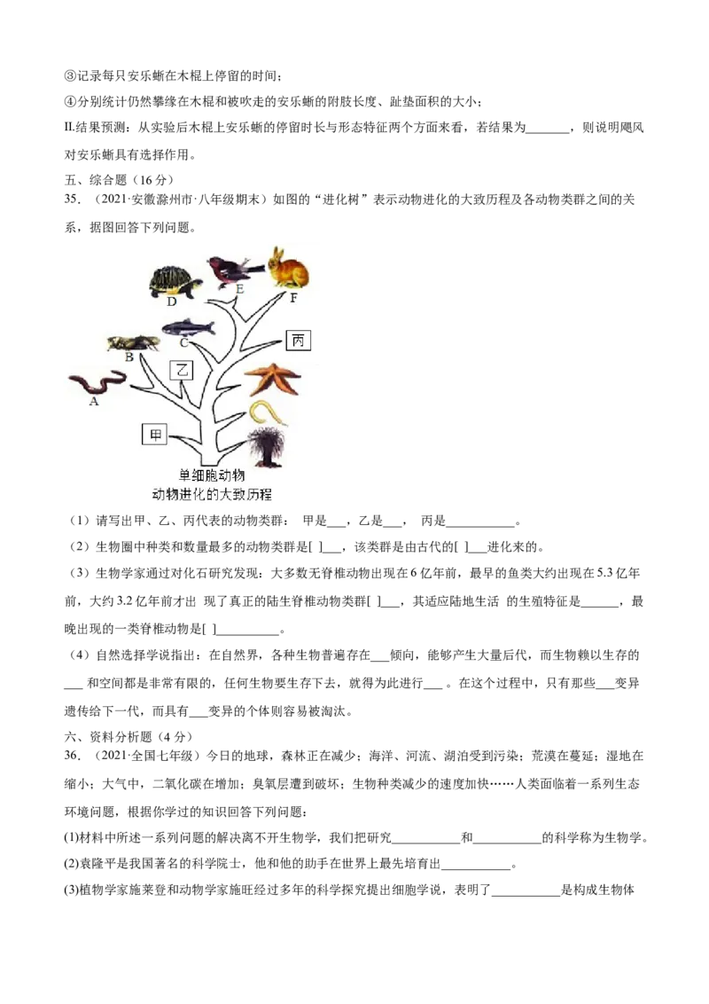 03生命起源和生物进化A卷（原卷版）_初中全科电子版试卷练习试题_生物_生物8下练习_人教生物8年级下单元试卷38份_第3套八年级生物下册单元试卷（人教版）06份
